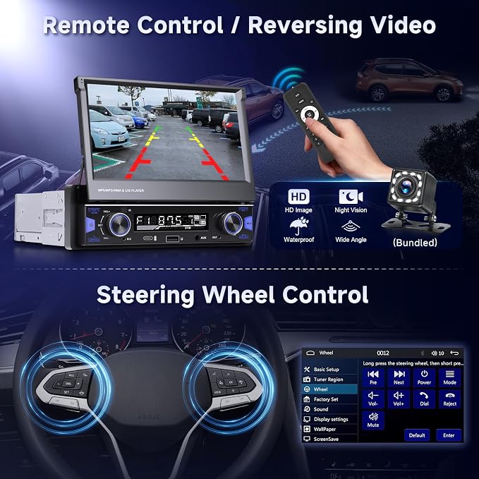 7 inch Single Din Touch Screen Car Stereo Flip Out Wireless CarPlay Android Auto, 1 Din Car Radio with Bluetooth with RDS AM FM Radio Car Audio Receiver Mirror Link,Type-C/USB/AUX+ Backup Cam