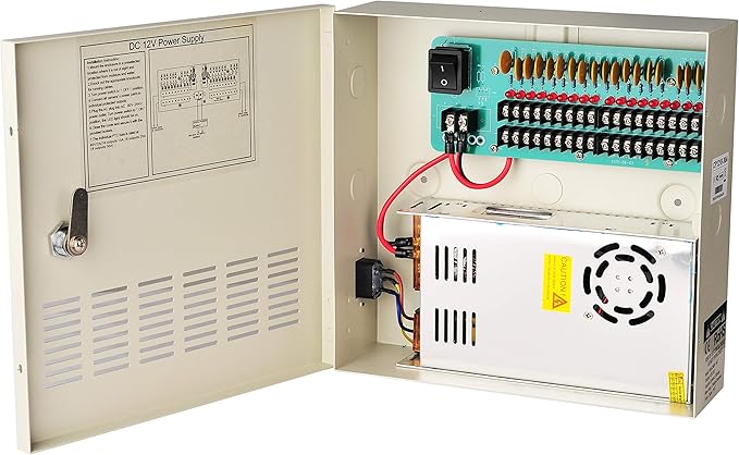 EVERSECU 18 Channel DC12V 30 Amp Reset Fuse CCTV DC Distributed Power Box with AC Plug and Lock for Security Cameras, DVRs, CCTV Power Supply