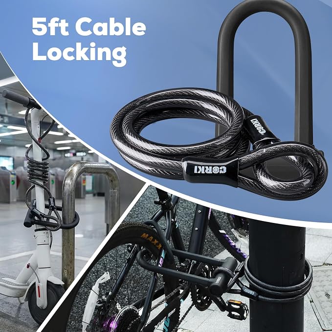 Corki Bike Lock Heavy Duty Anti Theft with 5ft Cable Bicycle U Lock | 17mm Shackle, Hardened Steel, Soft Silicone Outside, Keys and Mounting Bracket Included, For Ebike Scooter Motorcycles