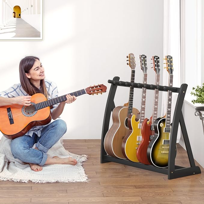 Guitar Stand Rack, Multi-Guitar Display Rack Adjustable Bamboo Guitars Holder Electric Guitar Stands Floor Storage for Bass Acoustic, Home Studio, Band Stage