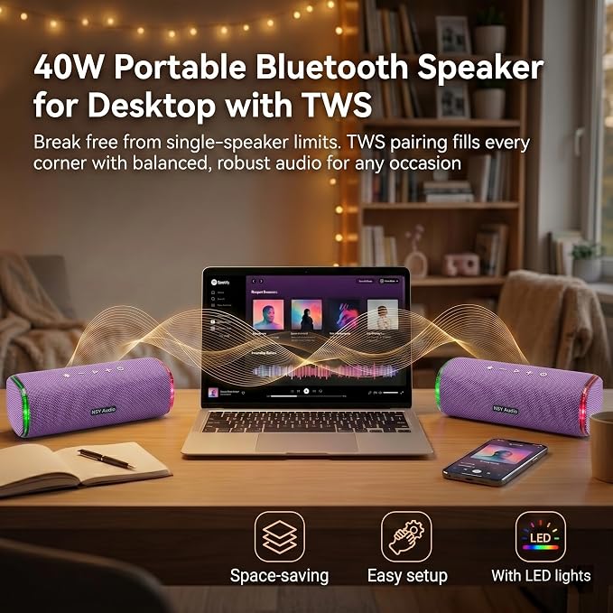 40W Bluetooth Shower Speaker, IPX7 Waterproof Floating Pool Speaker with Interactive Tap-to-Play Drum Beats, 25H Playtime, LED Lights, Built-in Mic for Hands-Free Calls in Bathroom, Purple