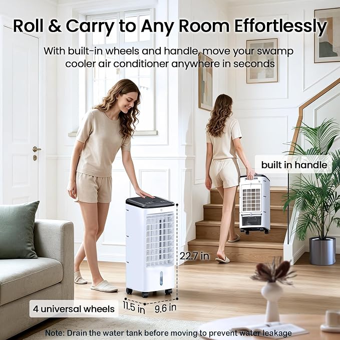 Windowless Air Conditioner, Portable Swamp Cooler with 2 Water Tanks, 4-in-1 Evaporative Air Cooler with Remote, 4 Modes 3 Speeds, 12H Timer, 4 Ice Packs, Ventless Cooling Fan for Room Home Office