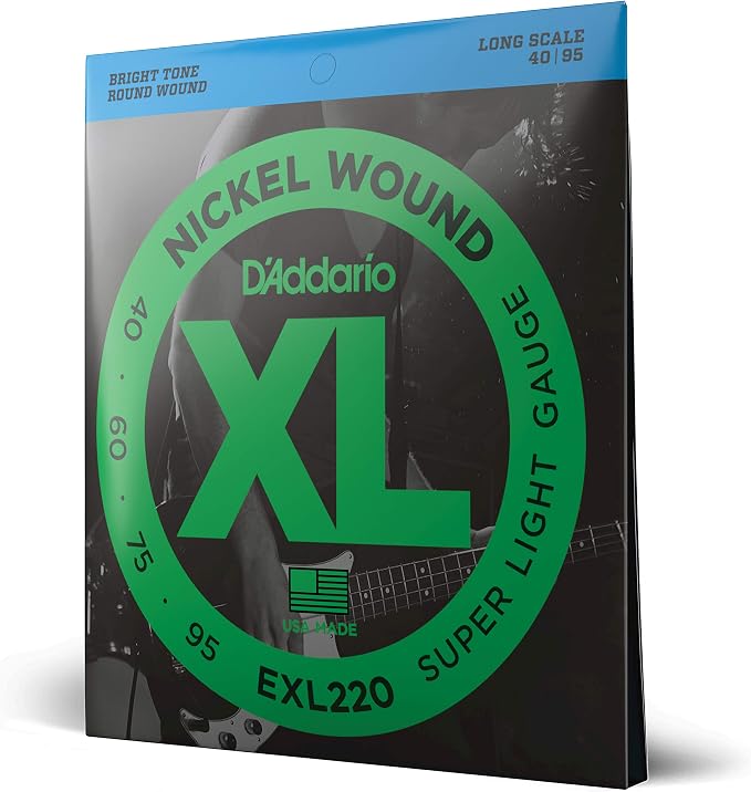 D'Addario Electric Bass Guitar Strings, XL Nickel, EXL220, Super Light Gauge 40-95, Long Scale, 4-String Set, Pack of 1