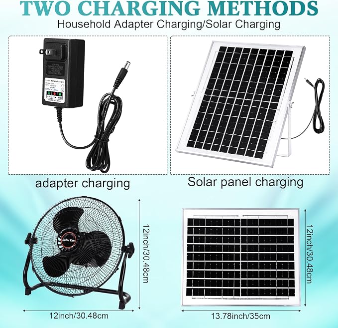 Tujoe 15000Mah 12 Inch Solar Panel Powered Fan, 2 in 1 Solar Panel or AC Charger Powered Fan 12W 9V Portable for Chicken Coop Greenhouse Household Exhaust Camping Travel Outdoor(Black)