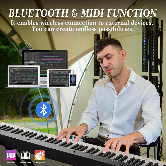 GarveeLife 88 Key Keyboard Piano, Full-Size Electric Keyboard Piano for Beginners, Portable Electric Piano with Stand, Headphones, Sustain Pedal, Handbag, Bluetooth, USB MIDI