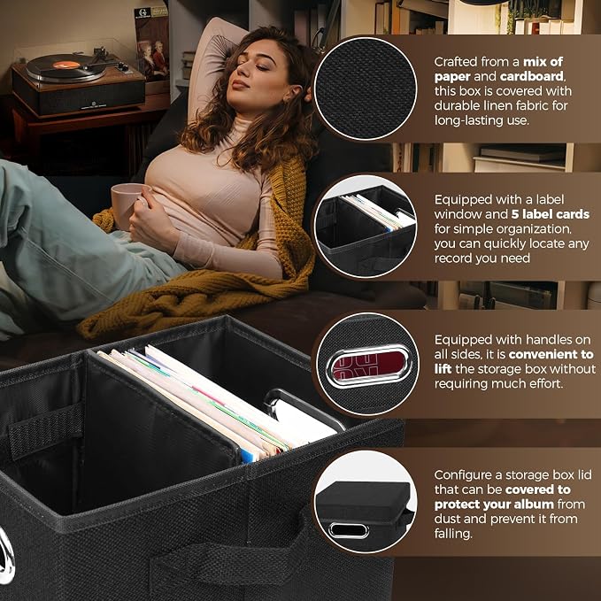 7-inch Vinyl Record Storage Box Set of 2 - Album Storage Holds 120+ Single Records, Decorative LP Storage Organizer Crate with Lid, Sturdy Moving Boxes for Vinyl, Easy to Carry and Organize Your Album