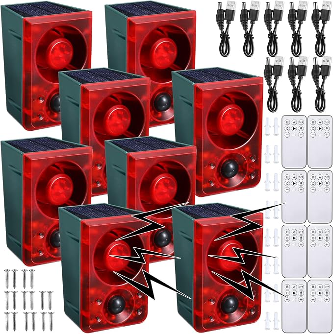 Qualirey Solar Outdoor Motion Sensor Alarm Animal Deterrent Gunshot Sound Dog Barking Alarm 130dB Loud Noise Maker 3 Modes with USB Remote Control Support Recording and Volume Adjustment (8 Pcs,Red)