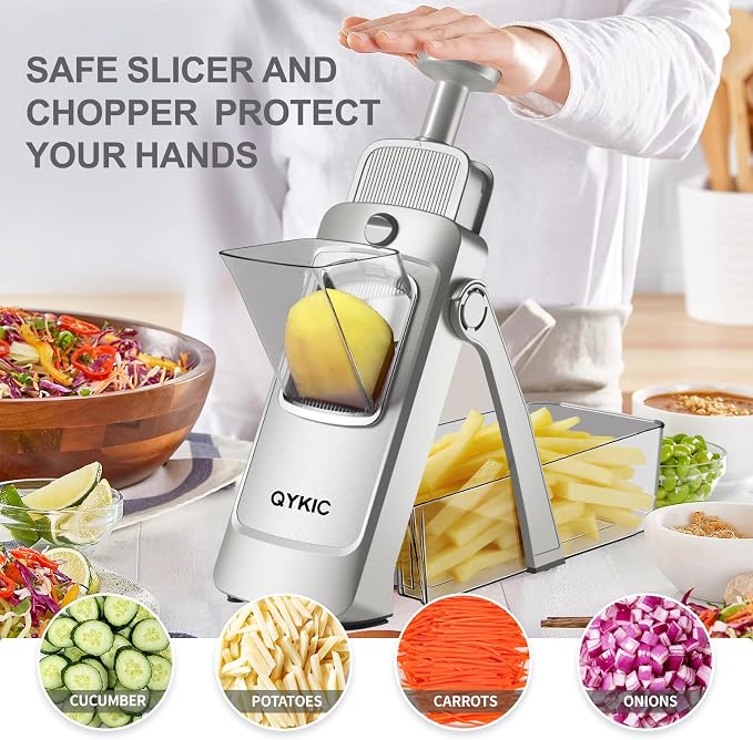 8 in 1 Mandoline Slicer for Kitchen, Vegetable Chopper, Potato Slicer, Fry Cutter Onion Chopper with Drain Basket Food Container with Lid, Stainless Steel Cheese Grater for Quick Meal Pre (Gray)