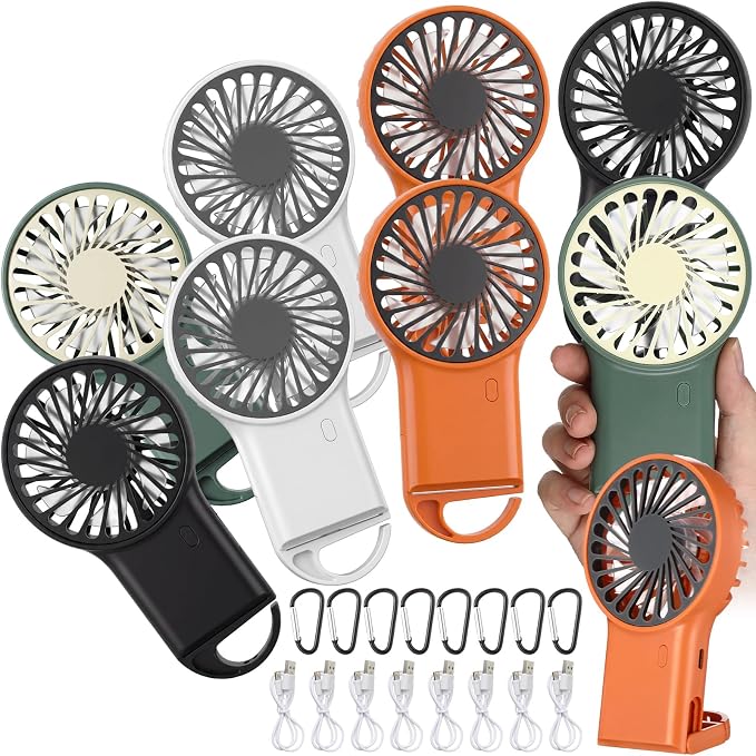VIHOSE 8 Pcs Portable Hanging Fan, 3 Speeds Personal Rechargeable Desk Hand Held Small Fan with D Metal Hook for Cooling Small Personal Hands Outdoor Travel (White,Orange,Dark Green,Black)