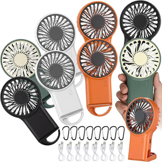 VIHOSE 8 Pcs Portable Hanging Fan, 3 Speeds Personal Rechargeable Desk Hand Held Small Fan with D Metal Hook for Cooling Small Personal Hands Outdoor Travel (White,Orange,Dark Green,Black)