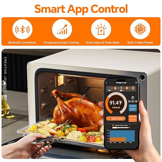 Wireless Meat Thermometer with Stable Bluetooth Connection, ±1°F Accurate 6-Sensor Probe, App-Controlled Digital Food Thermometer, Rechargeable, IP67 Waterproof for BBQ, Grill, Smoker & Oven