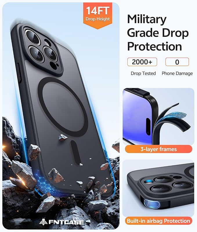 FNTCASE for iPhone 14 Pro Case: [Compatible with Magsafe] Translucent Matte Cases with [Full Camera Protection] [Screen Protector] Military Grade Shockproof Protective Phone Cover - Black