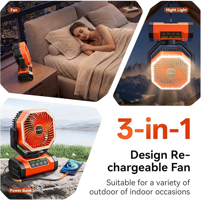 Doublepow 20000mAh Camping Fan with LED Light, Portable Table Fan with Remoter & Hook, Auto-Oscillating 4 Speeds & Timer Rechargeable Battery Operated, for Outdoor, Travel, Picnic, Power Outage