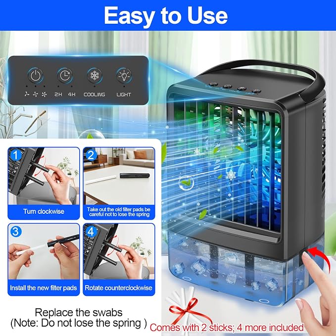 Portable Air Conditioners Fan - Portable AC Small Personal Air Cooler, Quiet Mini Mobile Cooling Fan with Handle,2/4H Timer 3 Speeds,Desk Air Conditioner with 7 Color for Home Bedroom Office Outdoor