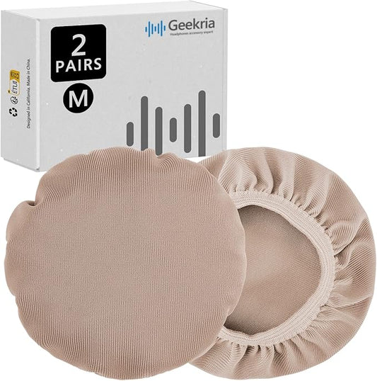 Geekria 2 Pairs Flex Fabric Headphones Ear Covers - Product Safety Certified - Washable & Stretchable Earcup Protectors for Over-Ear Headsets, Sweat Pads for Gym (Size M/Light Brown)