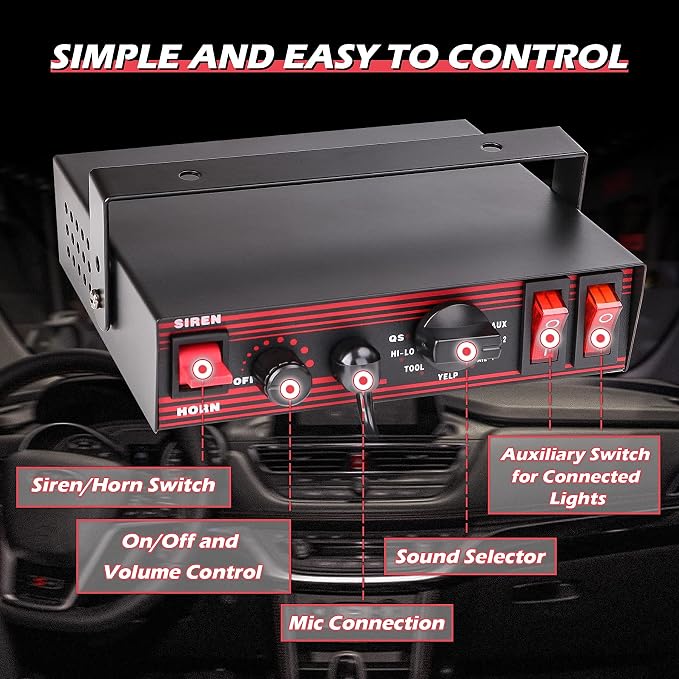 Police Siren 8 Tones PA System 130DB 200 Watt, Heavy Duty Handheld Microphone, Dual 20A Auxiliary Switch, Emergency Siren for Car Truck Vehicles