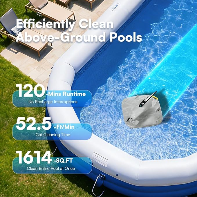PoolMr Cordless Robotic Pool Cleaner - Above Ground Pool Vacuum Robot - 40W Strong Suction, Dual Cleaning System, Barrier Crossing, 120-Min Runtime Up to 1614 Sq for Above Ground Pools,White