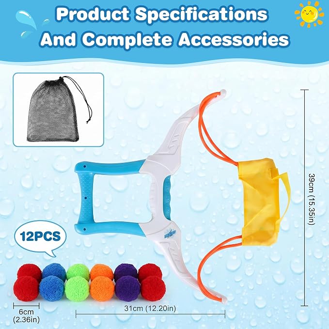 Reusable Water Balloons Set with 1 Bow Launchers - 12 Soft Cotton Water Balls (2.36in, Ages 3+) and Mesh Storage Bag, Outdoor Water Toys for Kids and Adults, Summer Pool Beach Backyard Water Game-Blue