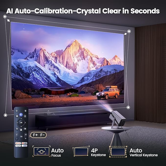 [Built-in Apps & 4K Support & Auto Focus]- Smart Projector with WiFi 6 and 2-Way Bluetooth, Dolby Audio/ Auto Keystone/Zoom,360°Adjustable Stand, iWIMIUS Mini Portable Outdoor Proyector w/ HDMI ARC