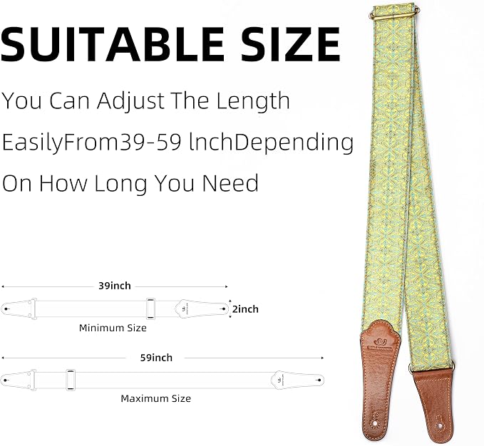 Guitar Strap, Electric& Acoustic Bass Guitar Straps,Embroidered Filament with Head Cowhide Leather Strap, with Free Strap Button,2 Guitar Strap Locks,4Guitar Pick (Yellow Flower)