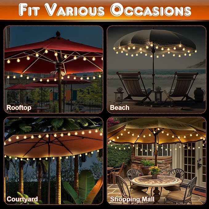 1 Pack 32 Feet Patio Umbrella Lights, 8 Lighting Modes LED String Lights with 64 Pcs Shatterproof Globe, Remote Control Battery & USB Powered, Waterproof Hanging Light Decorate for Patio