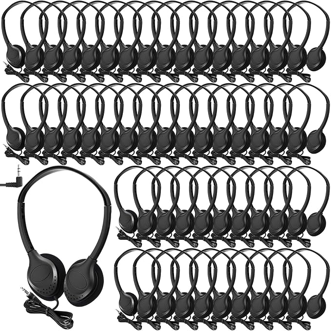 Frienda 48 Pack Classroom Headphones Bulk, Wired School Headsets for Students, Stereo Headphones with 3.5 mm Plug for Classroom, Online Learning, Library(Basic,Black)