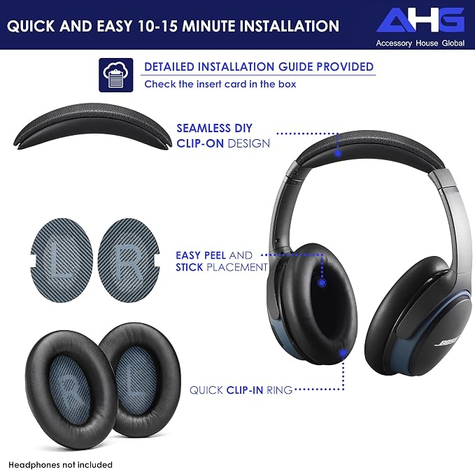 AHG Accessory House Global SoundLink AE2 Ear Pads and SoundLink AE2 Headband Cushion Compatible with Bose SoundLink Around-Ear 2 (AE2) Headphones (Black). Seamless DIY Fit | Extra Thick | 3D Printed
