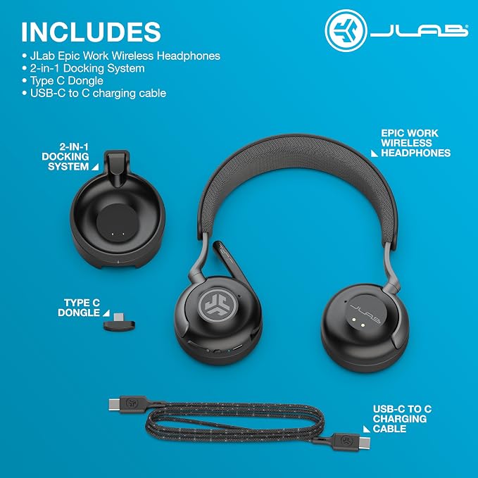 JLab Epic Work ANC Wireless on-Ear Headset with Microphone, smart Noise Cancellation, multipoint Connect, Charging hub, Black