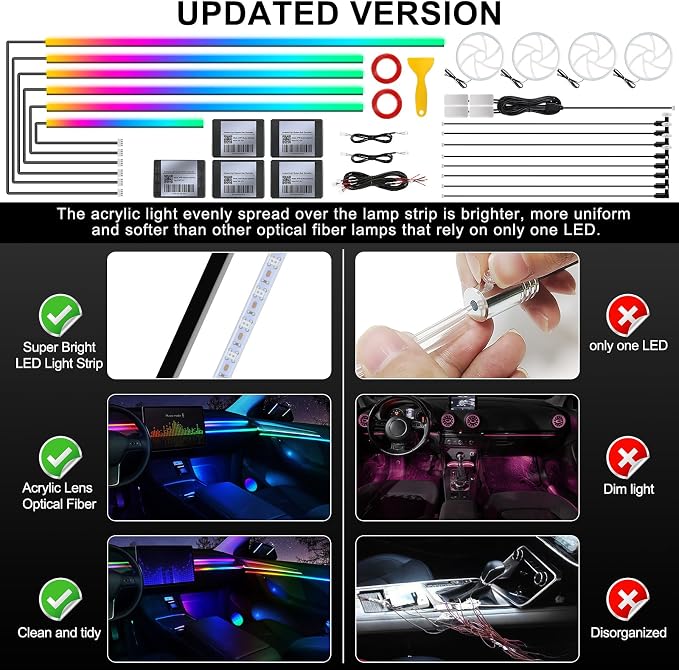 Dreamcolor Acrylic Interior Car LED Strip Light with Wireless APP, RGB 22 in 1 with 175 inches 600 LEDs Fiber Optic Ambient Lighting Kits, Dynamic Chasing Music Sync Neon LED Strip for Car Accessories