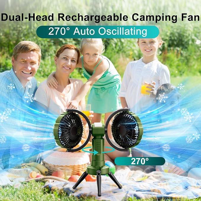 10000mAh Outdoor Camping Fan, Oscillating Battery Operated Tent Fan with LED Lantern, Dual Head Rechargeable Tent Ceiling Fan with Tripod & Hanging Hook - Green