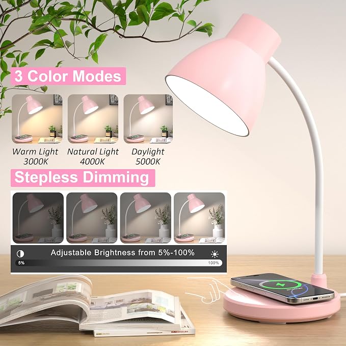 Desk Lamps for Home Office - LED Desk Lamp with Wireless Charger, 3 Color Modes Dimmable Eye-Caring Study Reading Desk Light, Small Flexible Arm Table Lamp for College Dorm Room Bedside, Pink
