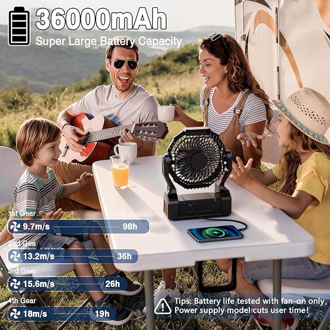 XZK 36000mAh Rechargeable Camping Fan, 98H Runtime Battery Powered Portable Travel Fan with LED Light, Tent Fans for Indoor,Outdoor,Fishing,Jobsite & Hurricane Emergency,Gifts for Men Dad Him,Black