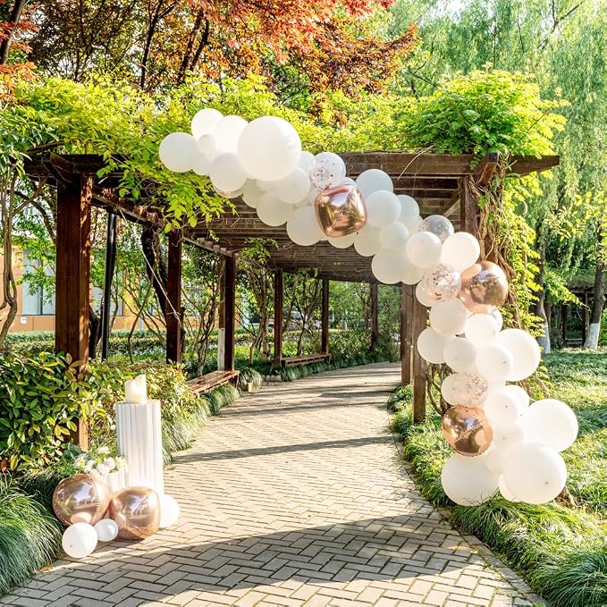 Restaurantware-Balloonify Balloon Garland Set, 1 Party Decoration Kit - 111 Balloons, With Chain, White & Rose Gold Latex Balloon Arch Kit, Includes Glue Dots