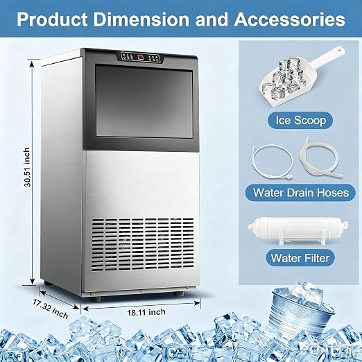 Amzgachfktch Commercial Ice Maker 150lbs/24H Under Counter Ice Maker, 50lbs Ice Storage, Ice Maker Commercial for Home Bar Restaurant, Blue Light, Self-Cleaning, LED Digital Display