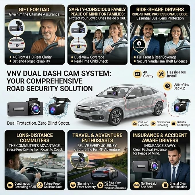 VNV 4K+2.5K Dash Cam Front and Rear, GalaxyCore Sensor, Free 64GB Card Included, Built-in WiFi App Control, Dash Camera for Cars with WDR Night Vision,170°Wide Angle, 24H Parking Mode, 2" IPS, S-V200