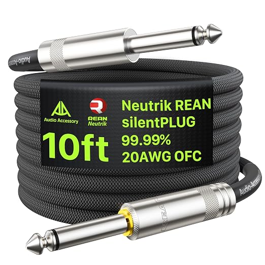 AA AUDIO ACCESSORY Silent Guitar Cable 10 ft, Neutrik REAN silentPLUG, Hot-Swapping Guitars Without Pop, Kevlar-Reinforced Auto Mute 20 AWG 99.99% OFC 1/4 Instrument Cable, Nylon Braided Amp Cord