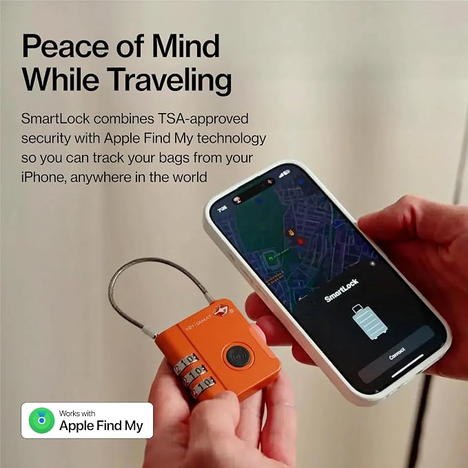 KeySmart SmartLock Tracking Luggage Locks, TSA Locks for Luggage, Combination Lock Compatible with Apple Find My App, Best Travel Essentials, Replaceable Non-Rechargeable Battery (Orange 3 Pack)