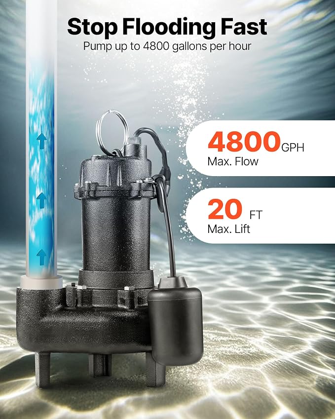 VEVOR Submersible Sewage Pump, 1/2 HP, 4800 GPH Cast Iron Sewage/Effluent Pump with Automatic Tethered Float Switch, 2-Inch NPT Discharge, 120V, 20 ft Max Lift, for Basement, Septic Tank, Residential