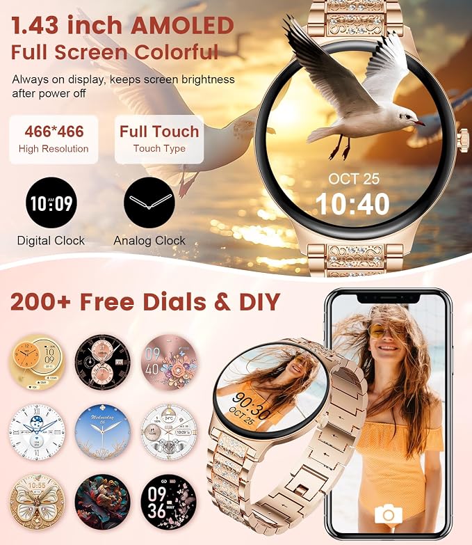 LIGE Ultra-Thin Smart Watch for Women,1.43" Always-on Display Smart Watch with Bluetooth Call,Health Tracker 100+ Sports Modes, Mutifuction Women Smartwatch for Android iOS 2 Straps(Gold)