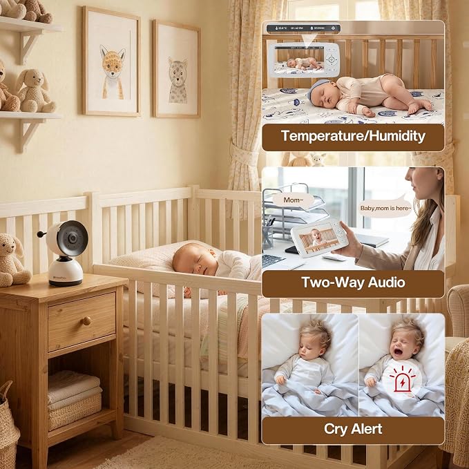 Smart WiFi Baby Monitor with 5-Inch Screen: 355° Pan-Tilt-Zoom Camera, HD Night Vision, Two-Way Audio, Cry Detection, Temp Sensor, 24/7 App Recording – Easy Setup, Baby Essentials for New Parents
