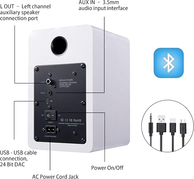 Sanyun SW208 3" Active Bluetooth 5.0 Bookshelf Speakers – 60W Carbon Fiber Speaker Unit - Built-in 24bit DAC Dynamic 3D Surround Sound 2.0 Computer PC Monitor Gaming (Pair, White)