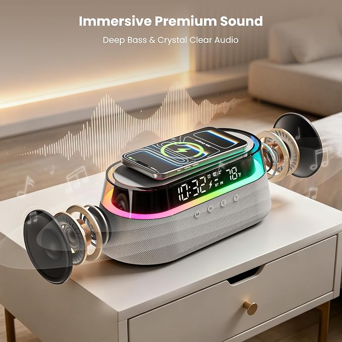6-in-1 Bluetooth Speaker Alarm Clock with Remote, 15W Fast Wireless Charger, FM Radio & Dimmable LED Night Light, Dual Digital Clock for Bedroom Home Office, Ideal Gifts for Him, Men Women