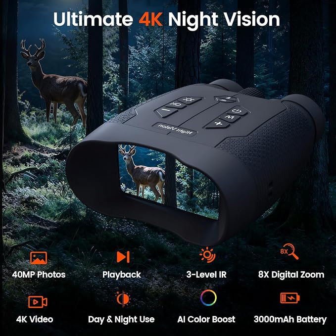 VisioGear Night Vision Goggles for Adults - 4K Night Vision Binoculars with AI Color Boost Mode, Photo & Video Recording, Rechargeable Battery for Wildlife Observation, Camping & Security