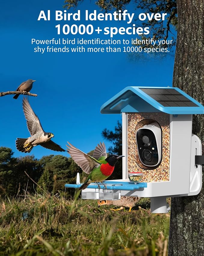 Bird Feeder with Camera, 2K Smart BirdCamera with Solar Powered, AI Identify Birds Species, Instant Arrival Alerts, 2.4Ghz WiFi Bird House for Outdoors, Ideal Gift for Family and Bird Lovers (Blue)