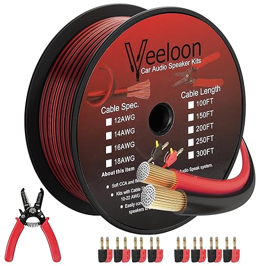 16AWG Speaker Wire 200 FT, 16/2 Gauge Audio Speaker Wire Kits with Cable Cutter Banana Plugs Tool, Polarity Marker, 2 Conductors Zipper Wire for Car Speakers Stereo, Home Theater, Surround Sound,CCA
