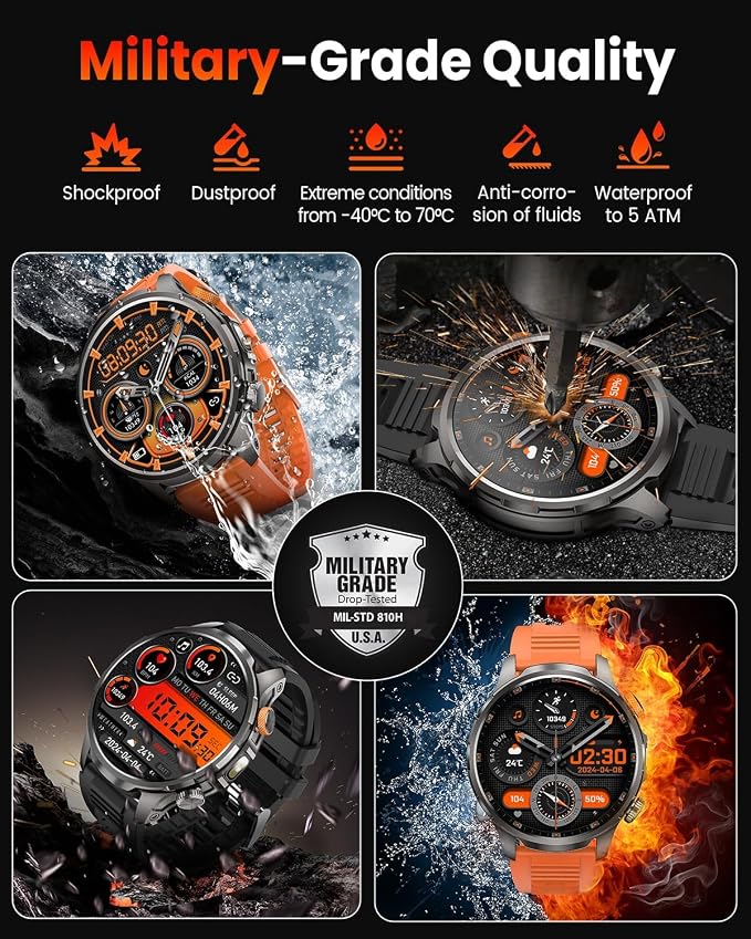 Smart Watches for Men(100 Days Battery/Flashlight), 5 ATM Waterproof Military Smart Watch with Heart Rate/Sleep/SpO2/Calling/110+ Sports Mode, Rugged Men's Fitness Tracker Watch for Android iPhone