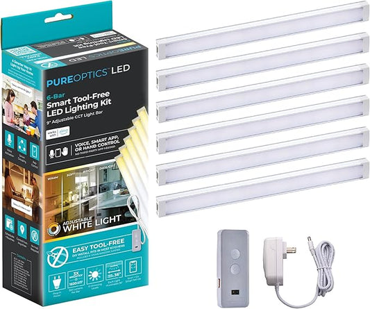 PureOptics LED Works with Alexa Smart Under Cabinet Lighting Kit, Adjustable LEDs, (6) 9" Bars, White