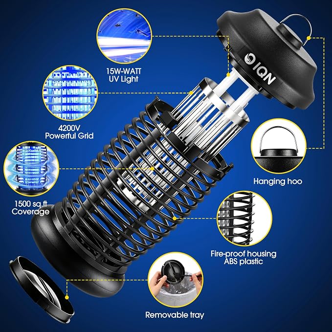 Bug Zapper Outdoor, Plug-in Electric Mosquito Fly Zapper, 15W Light & 4200V Grid, On/Off Switch, Mosquito Traps & Killer for Home, Kitchen, Patio, Backyard and More (Black)
