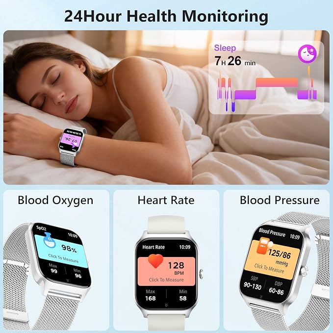 Smart Watch Women Men, 1.85’’ Lightweight Fitness Tracker Make/Answer Call, HR/Blood Pressure/Sleep Monitor, 110+Sport Modes, Waterproof Reloj inteligente Compatible for Android & Samsung & iPhone