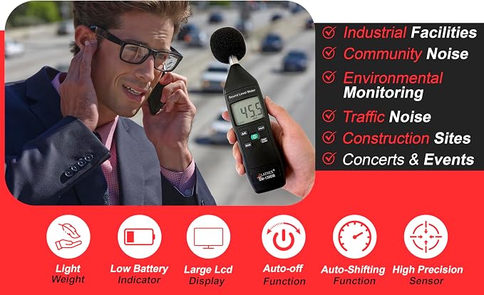 SM-130DB Digital Decibel Meter Reader and Sound Level Meter Type 2 with Calibration Certificate. Measurement Device for Environmental and Mechanical Noise Monitor - Manufacturing, Office, Classroom